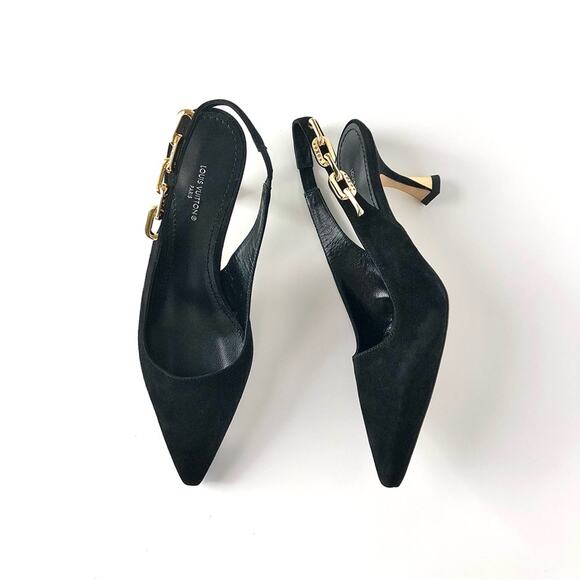 NEW Louis Vuitton Sparkle Slingback Chain Black Suede Kitten Heel Pumps 38 - Picture 1 of 9
